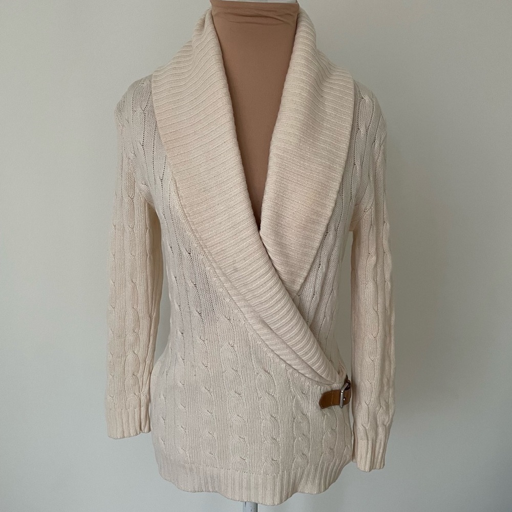 Ralph Lauren Black Label Cream Cable-Knit Cashmere Shawl Collar Strap Sweater S